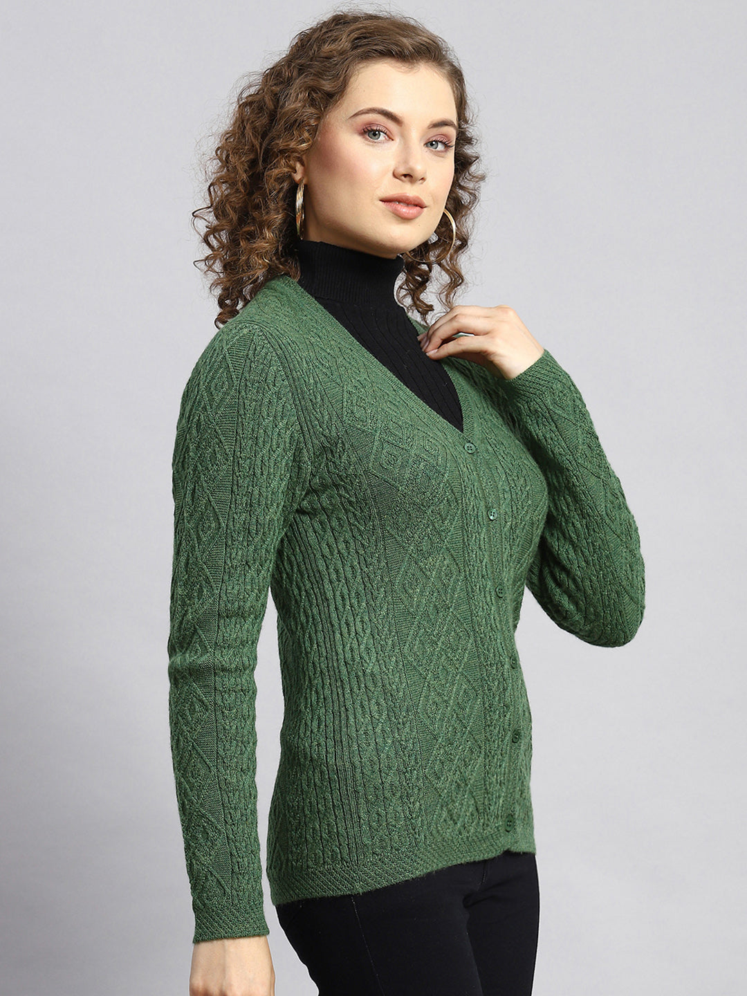 Women Green Self Cardigan