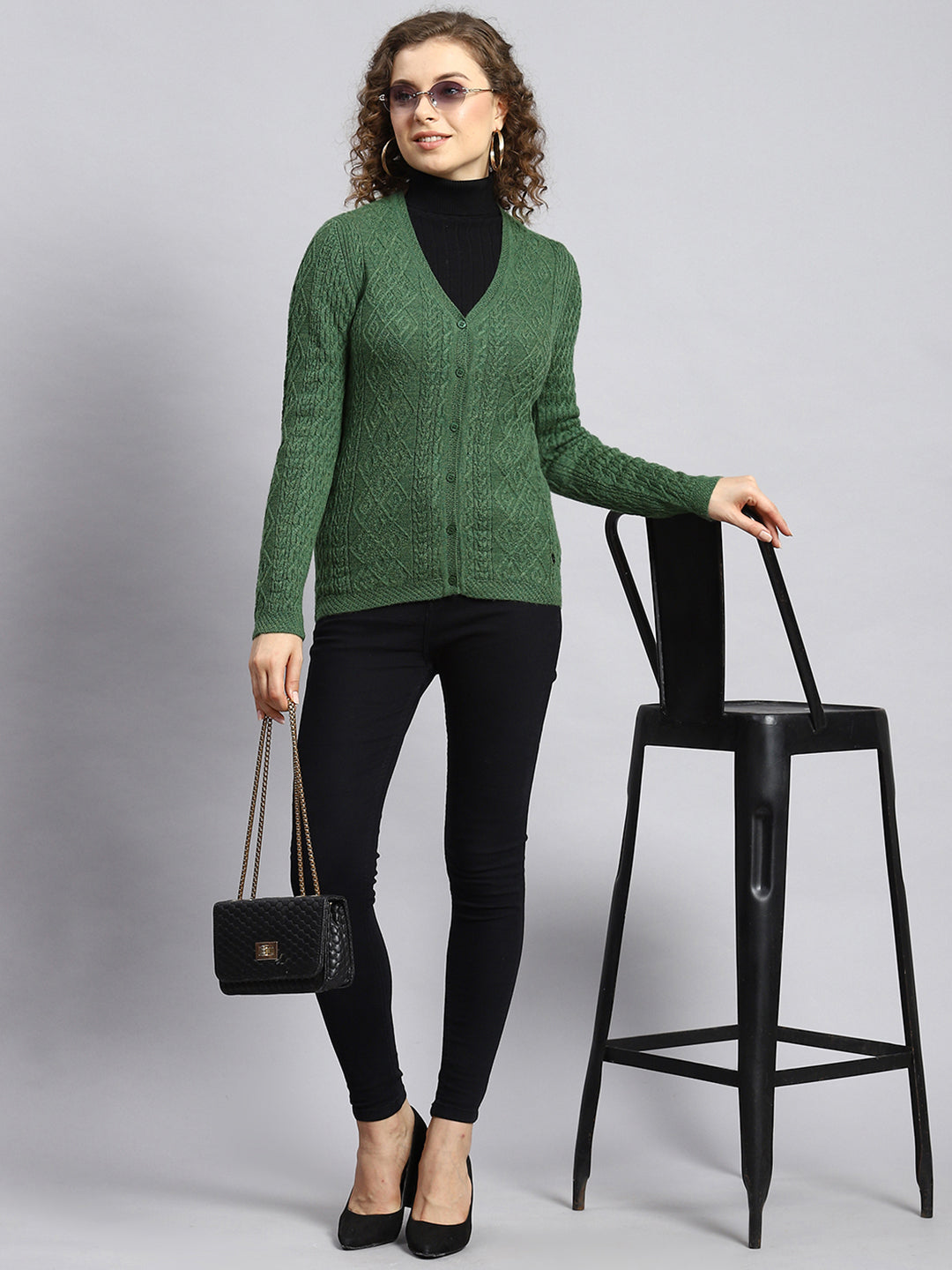 Women Green Self Cardigan