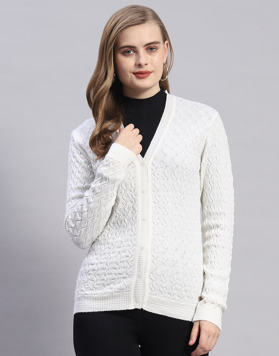 Women White Solid V Neck Full Sleeve Cardigan