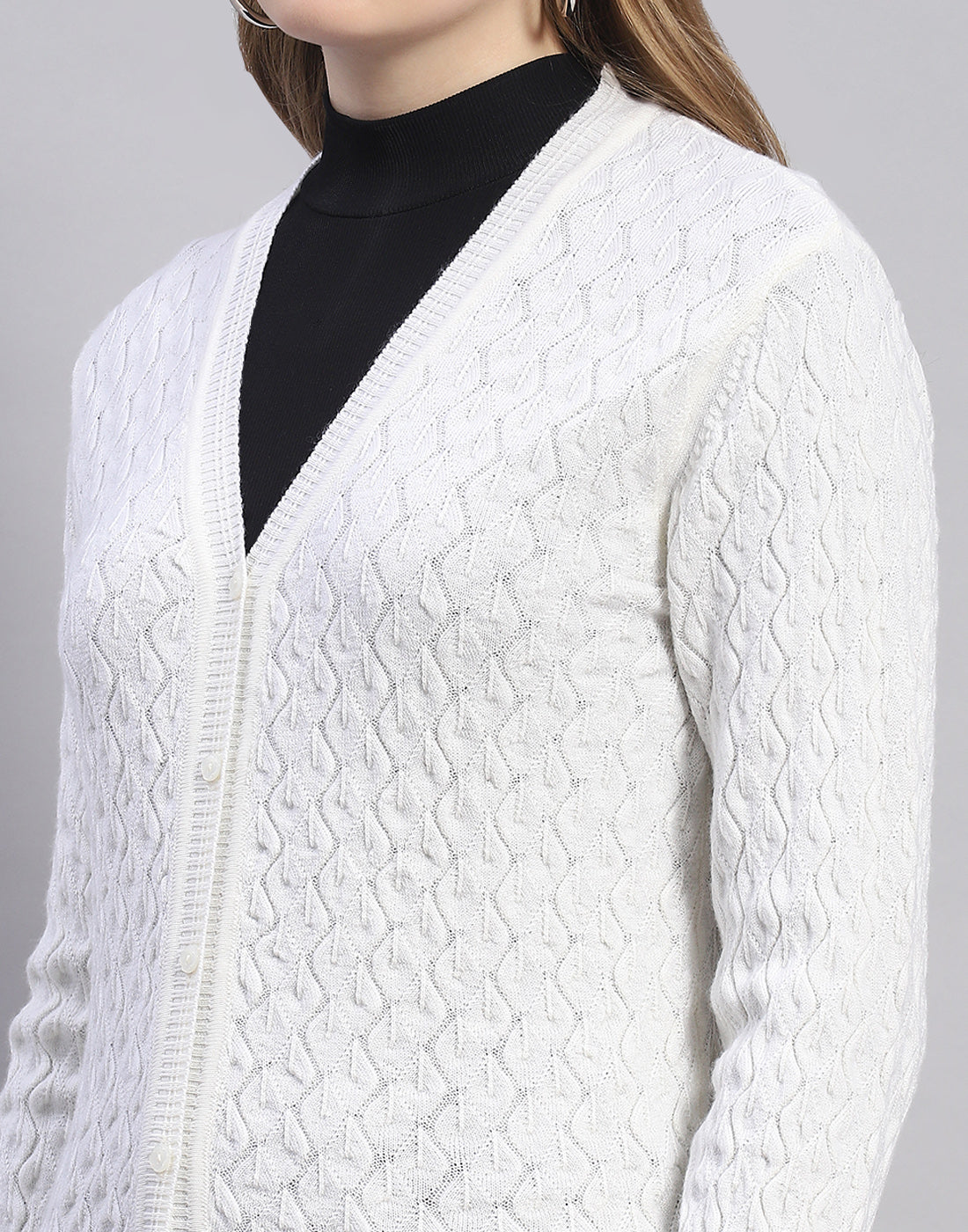 Women White Solid V Neck Full Sleeve Cardigan