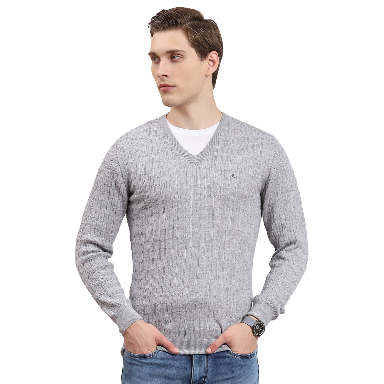 Men Grey Self Design V Neck Full Sleeve Sweater