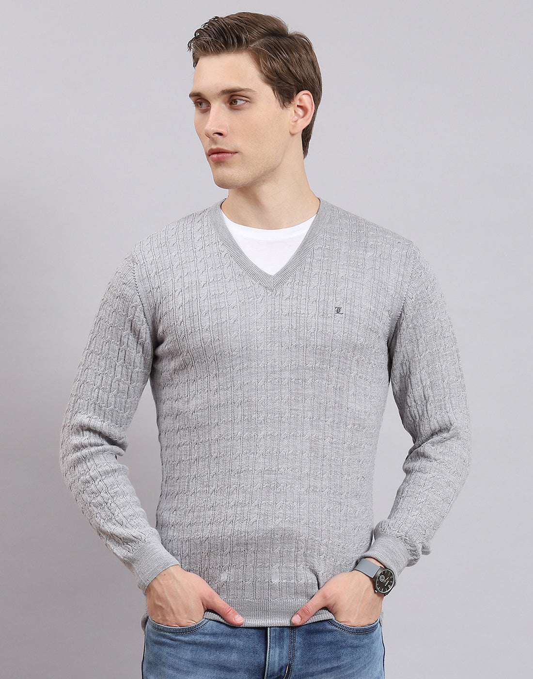 Men Grey Self Design V Neck Full Sleeve Sweater