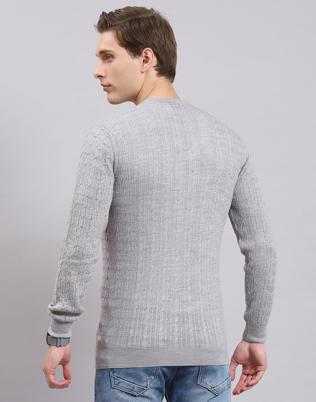 Men Grey Self Design V Neck Full Sleeve Sweater