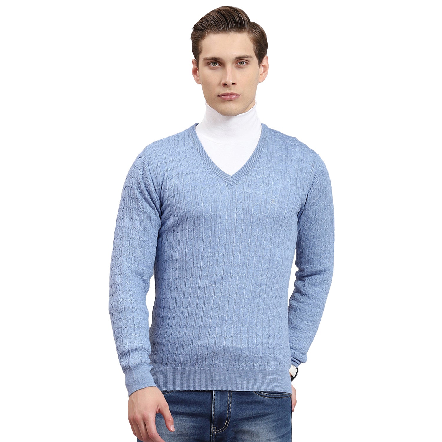 Men Blue Self Design V Neck Full Sleeve Sweater