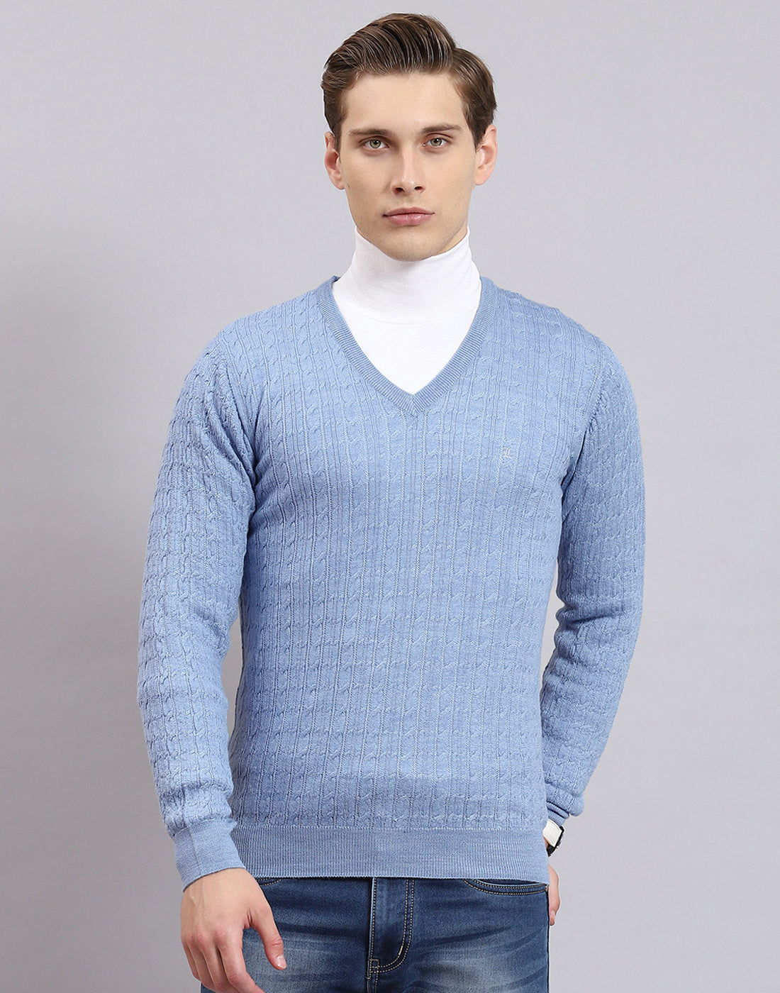 Men Blue Self Design V Neck Full Sleeve Sweater