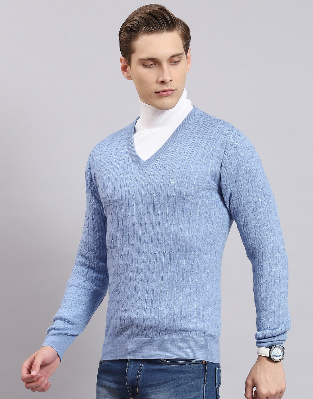 Men Blue Self Design V Neck Full Sleeve Sweater