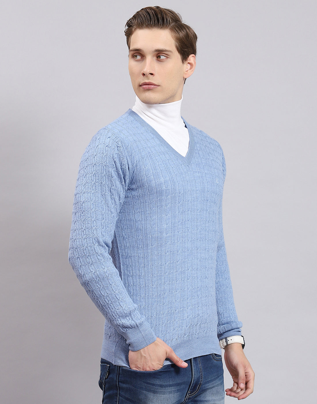 Men Blue Self Design V Neck Full Sleeve Sweater