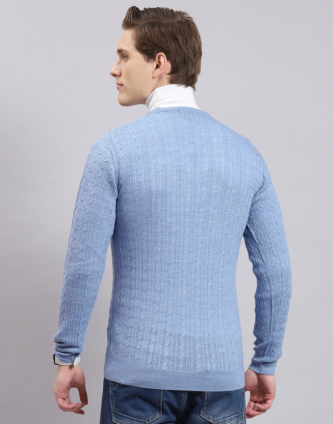 Men Blue Self Design V Neck Full Sleeve Sweater