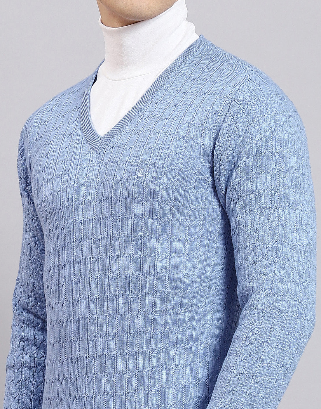 Men Blue Self Design V Neck Full Sleeve Sweater