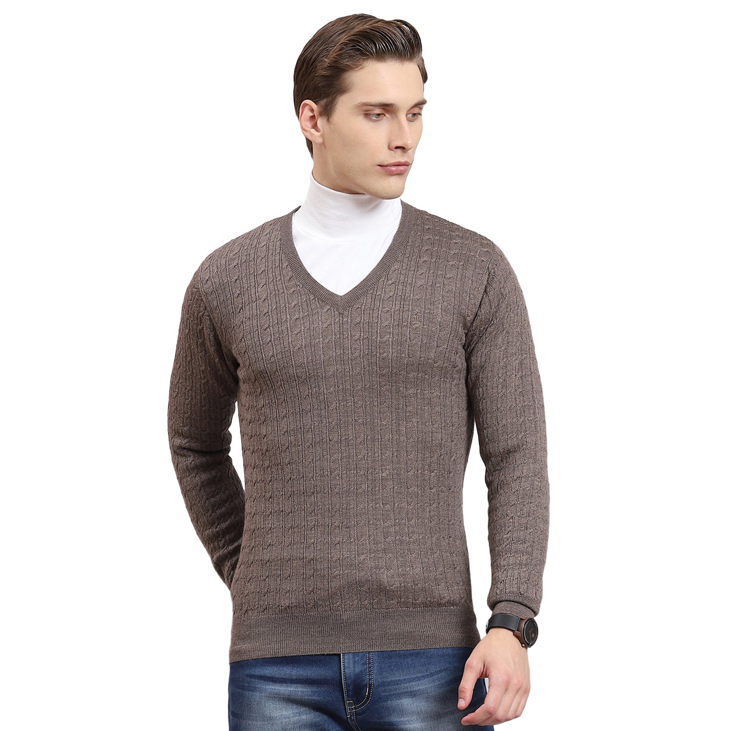 Men Brown Self Design V Neck Full Sleeve Sweater