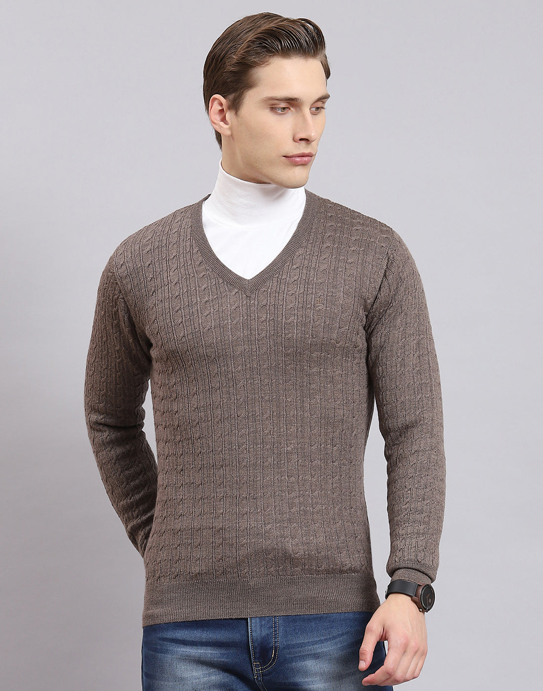 Men Brown Self Design V Neck Full Sleeve Sweater