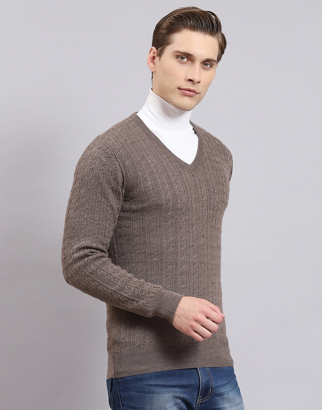 Men Brown Self Design V Neck Full Sleeve Sweater