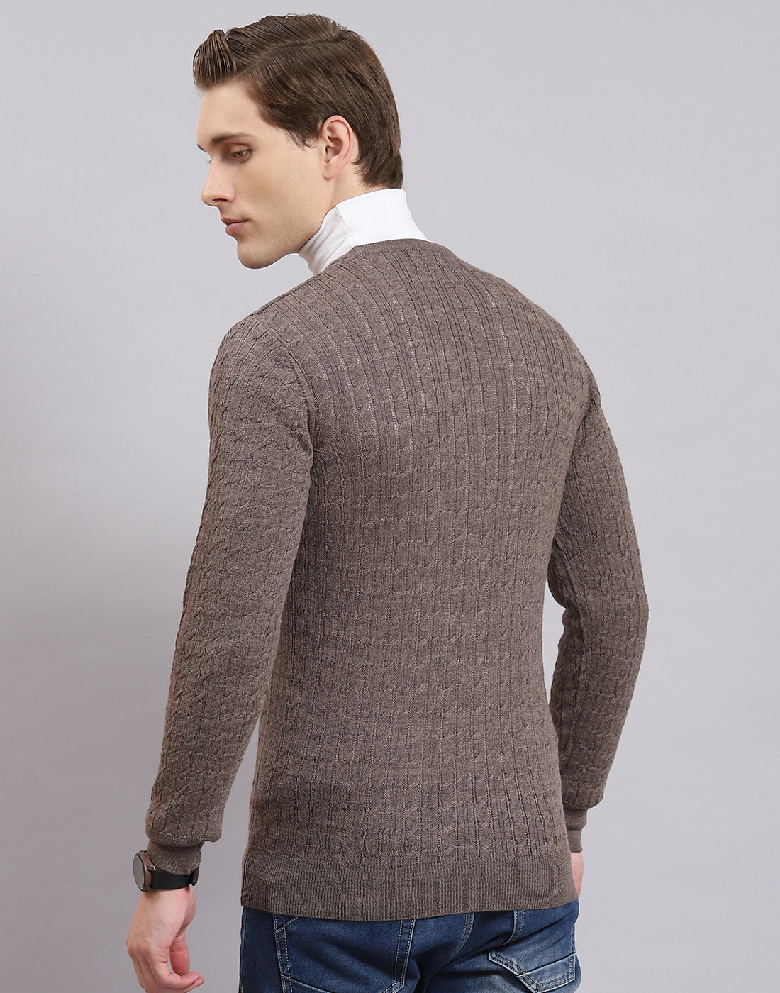 Men Brown Self Design V Neck Full Sleeve Sweater