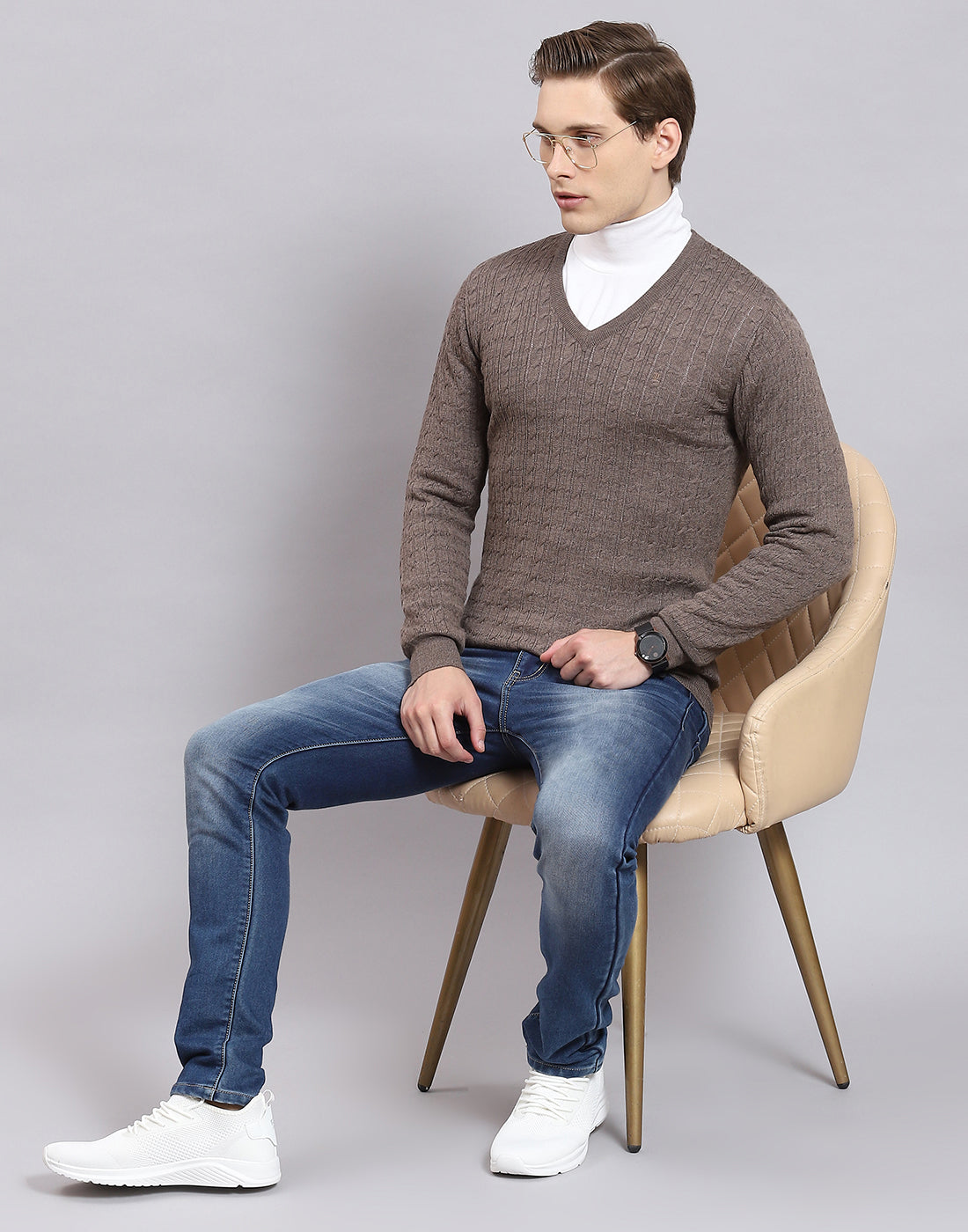 Men Brown Self Design V Neck Full Sleeve Sweater