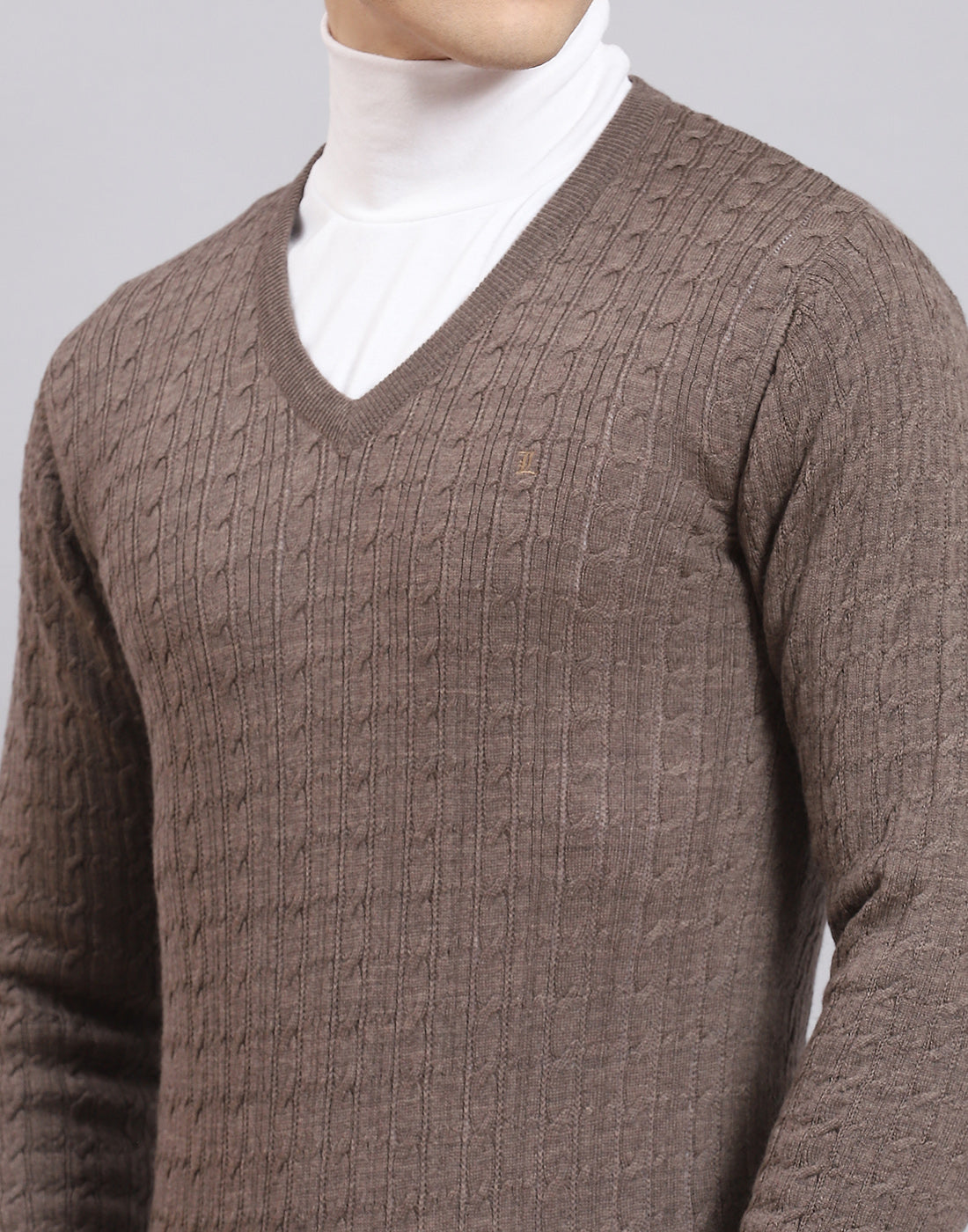 Men Brown Self Design V Neck Full Sleeve Sweater