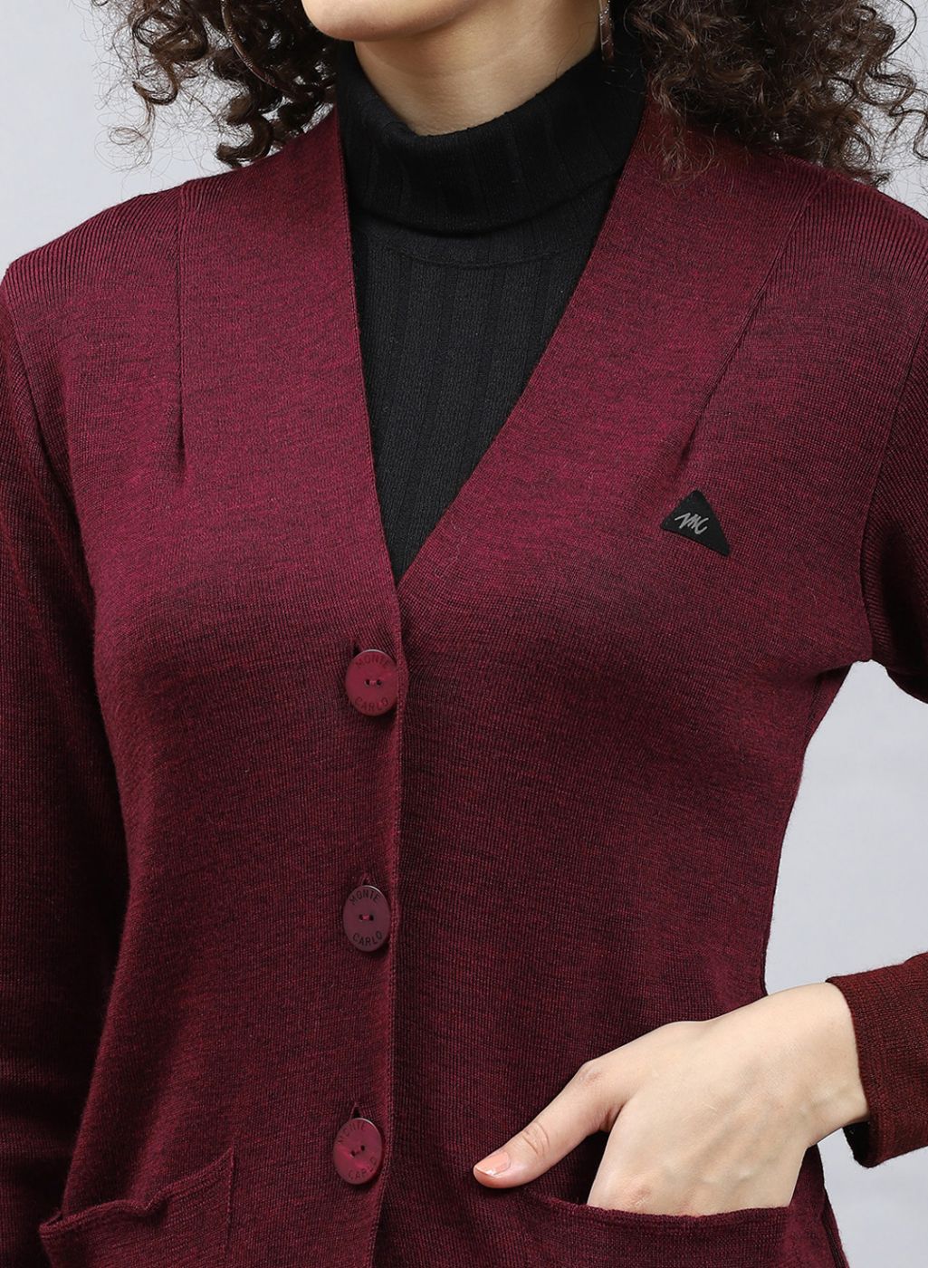 Buy Women Maroon Solid Pure wool Cardigan Online in India Monte