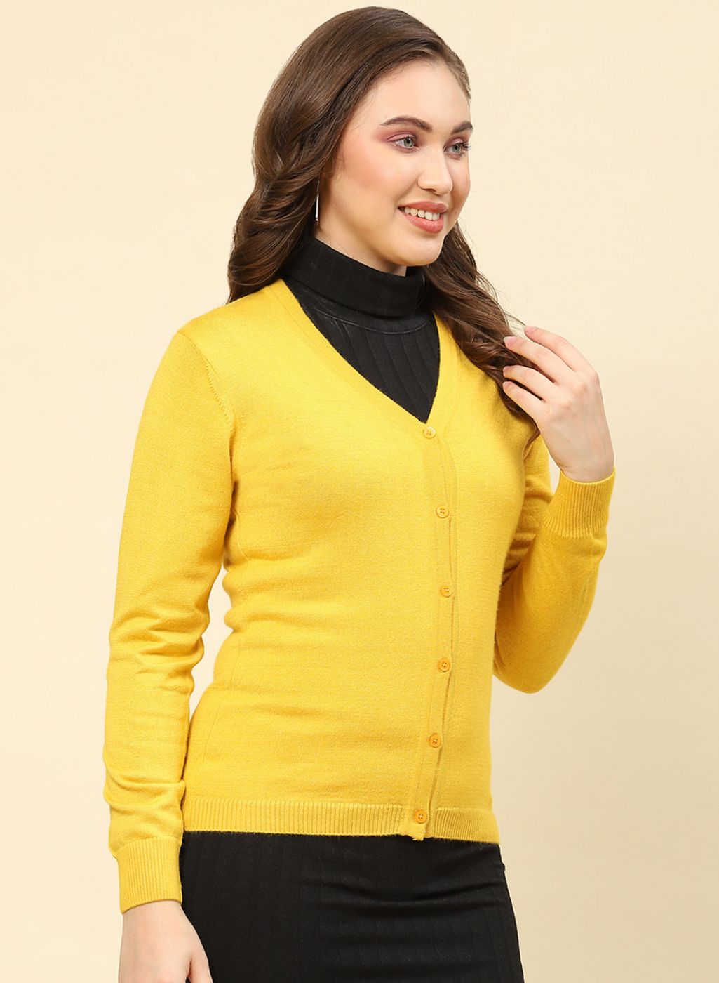 Women Yellow Solid Modal Nylone Cardigan