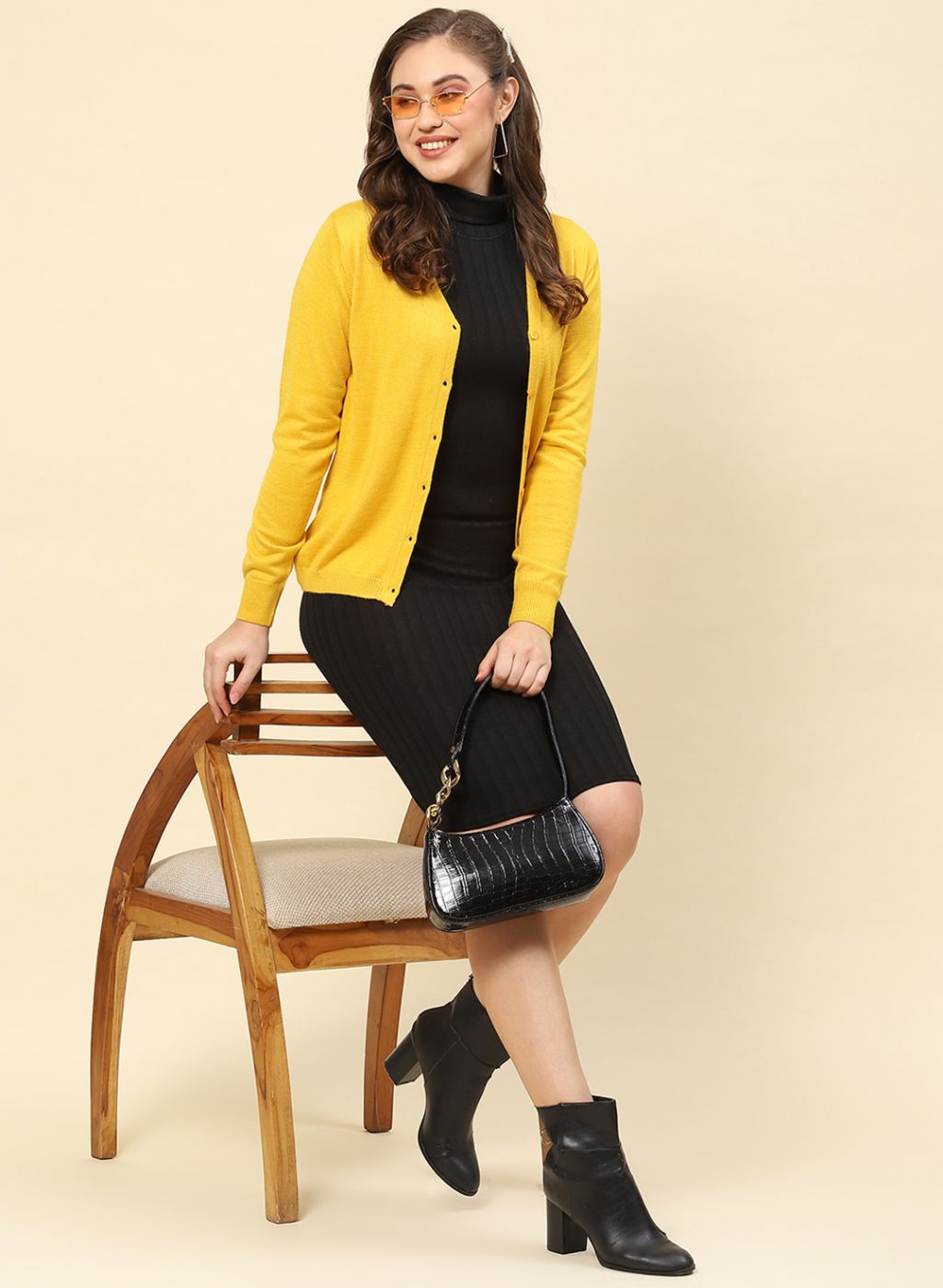 Women Yellow Solid Modal Nylone Cardigan