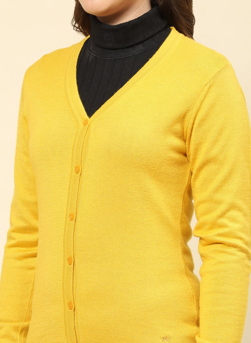 Women Yellow Solid Modal Nylone Cardigan