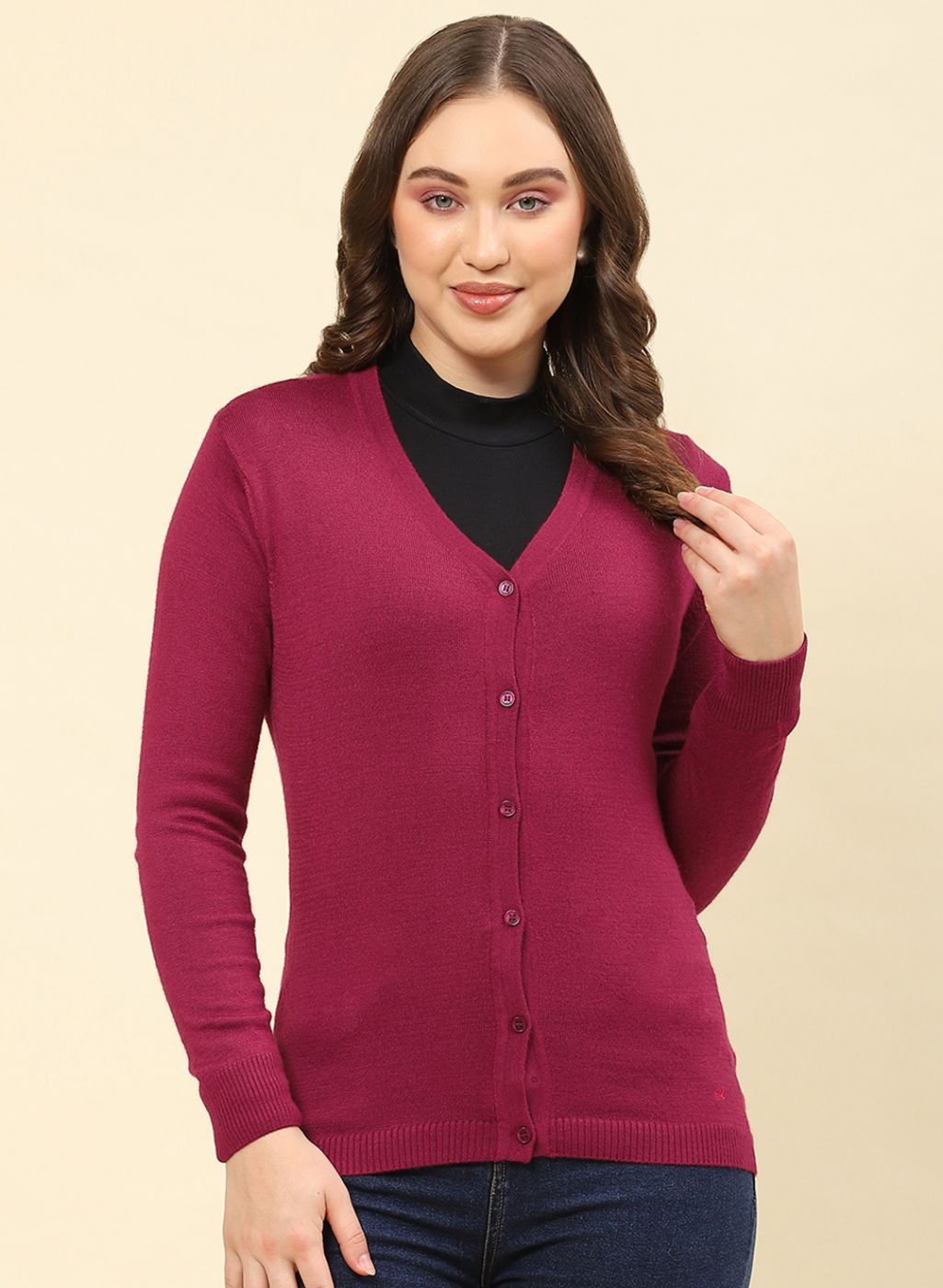 Women Maroon Solid Modal Nylone Cardigan