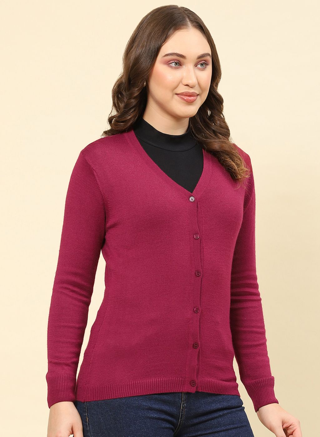 Women Maroon Solid Modal Nylone Cardigan