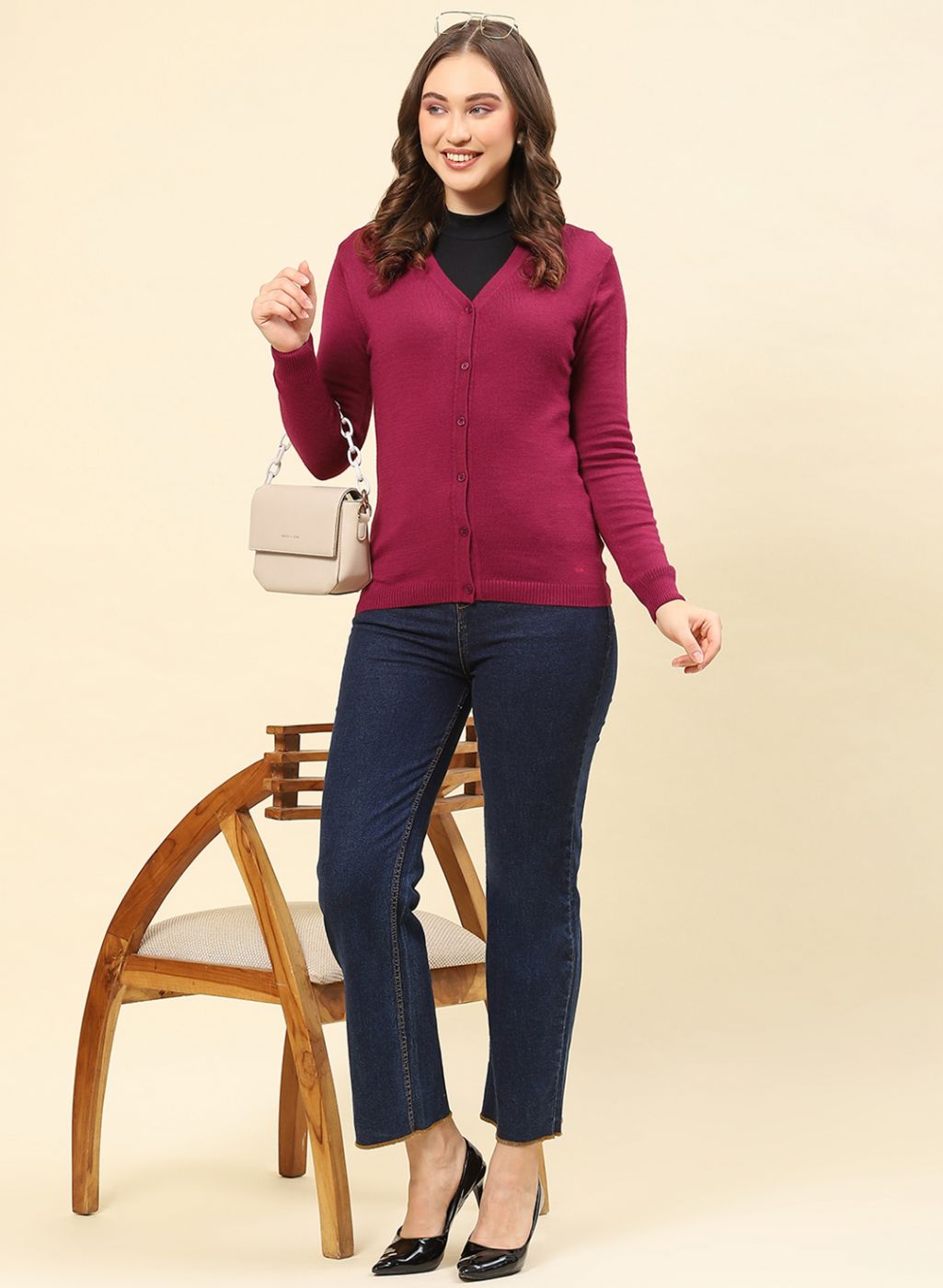 Women Maroon Solid Modal Nylone Cardigan