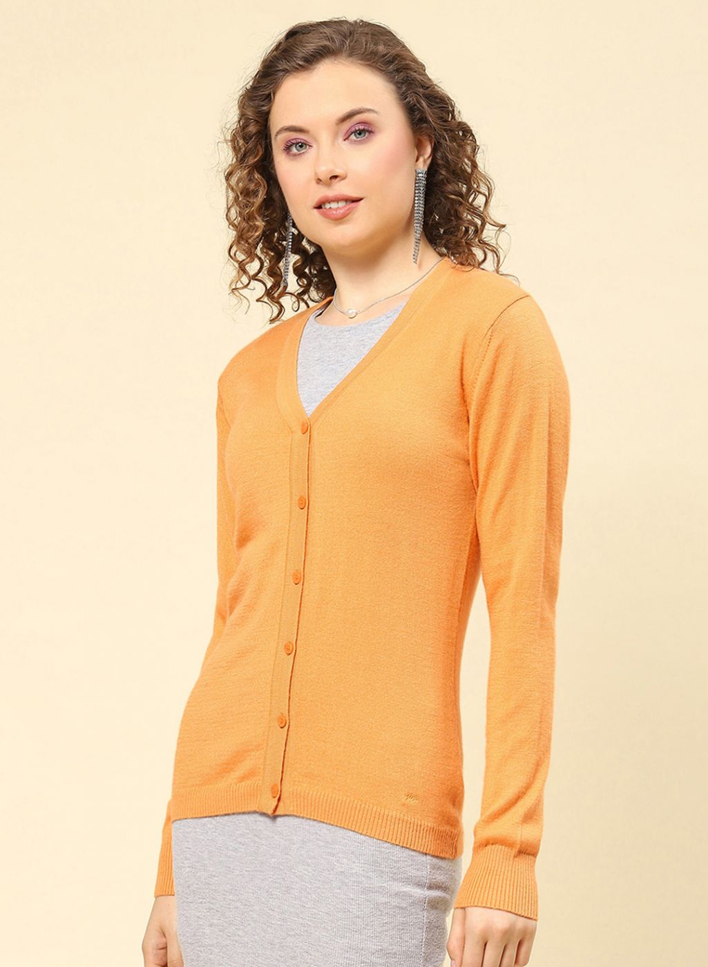 Women Yellow Solid Modal Nylone Cardigan