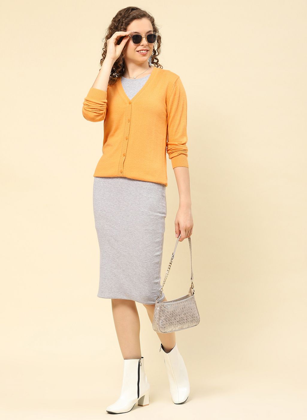 Women Yellow Solid Modal Nylone Cardigan