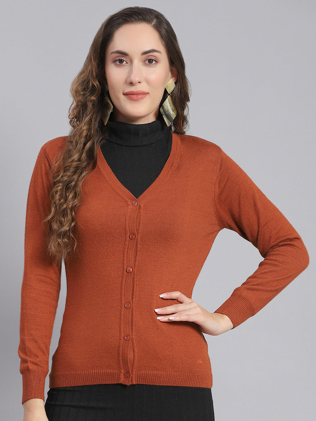 Women Rust Solid V Neck Full Sleeve Cardigans