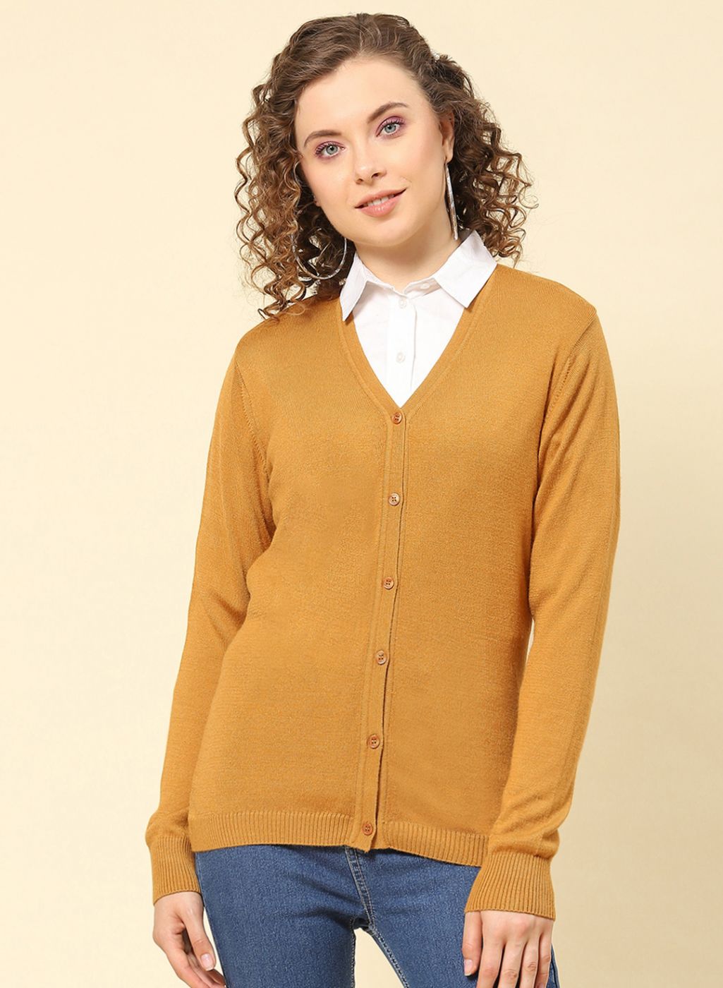 Women Mustard Solid Modal Nylone Cardigan