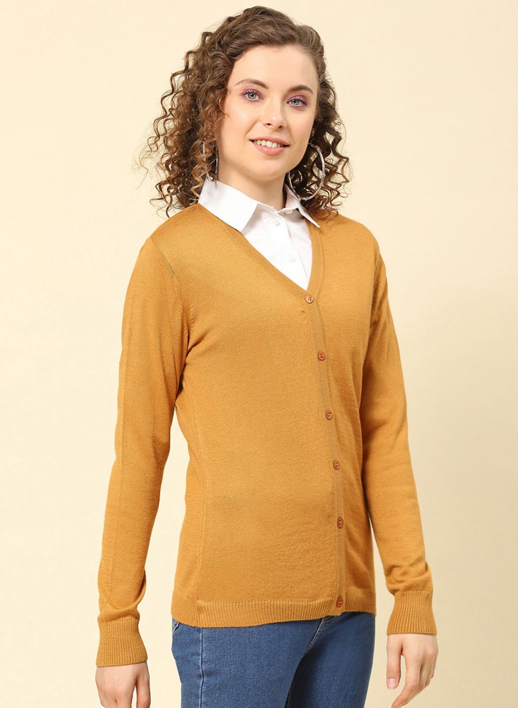 Women Mustard Solid Modal Nylone Cardigan