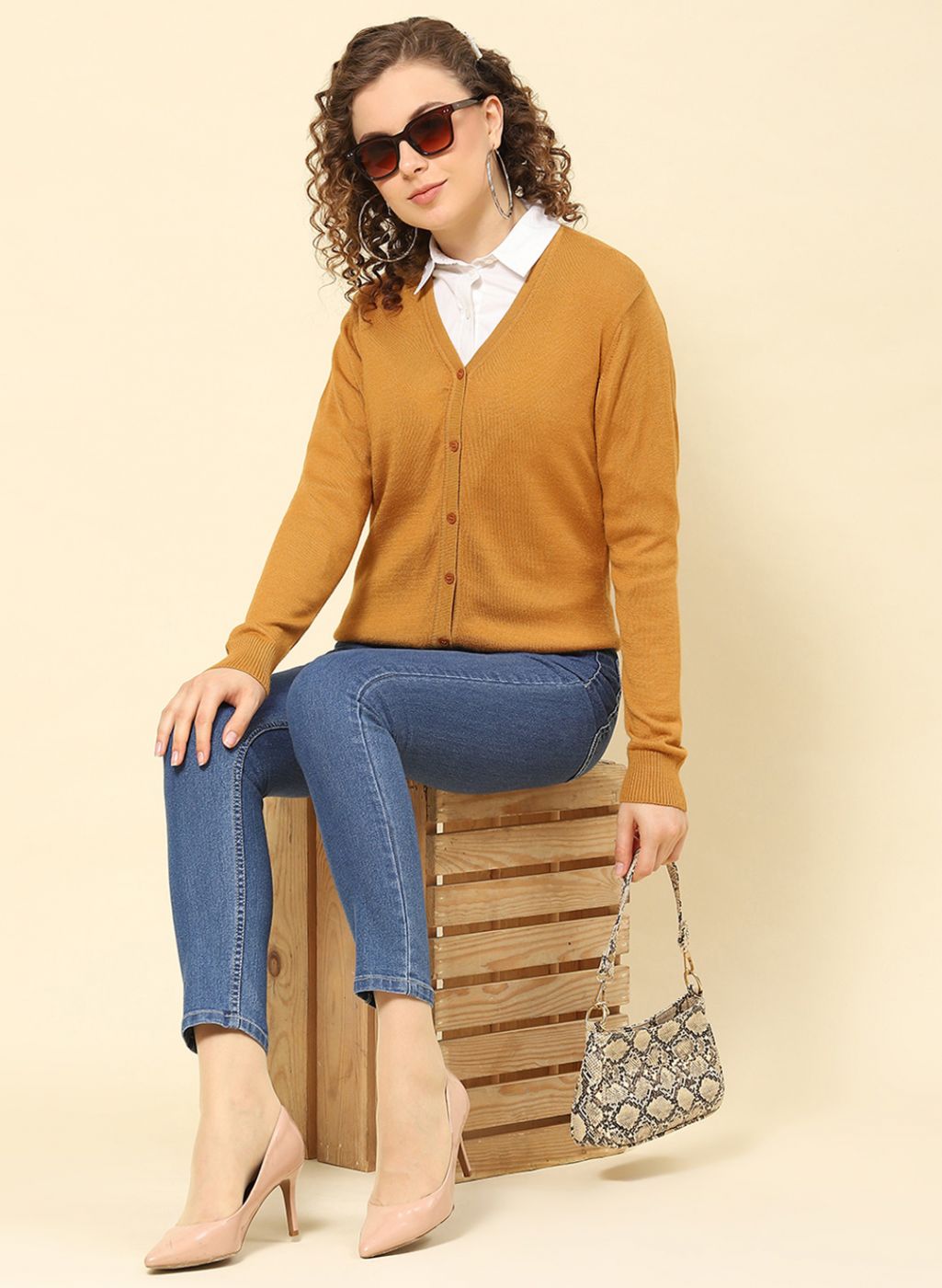 Women Mustard Solid Modal Nylone Cardigan