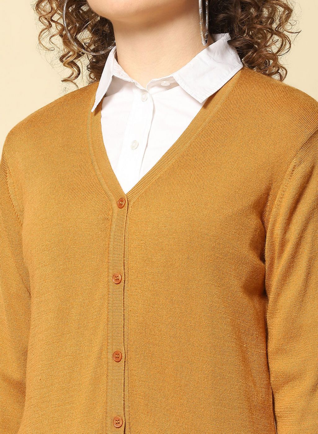 Women Mustard Solid Modal Nylone Cardigan