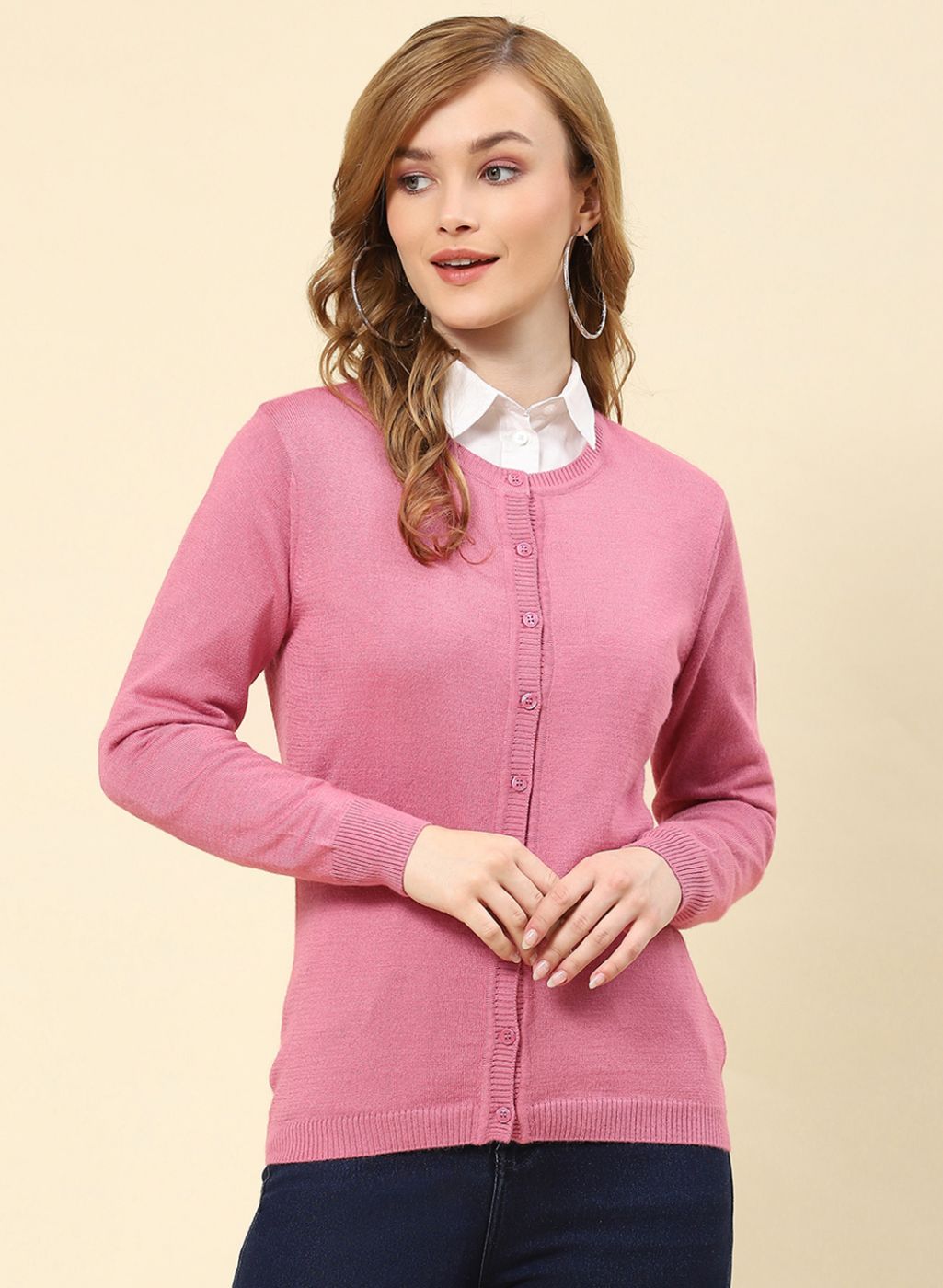 Women Pink Solid Modal Nylone Cardigan