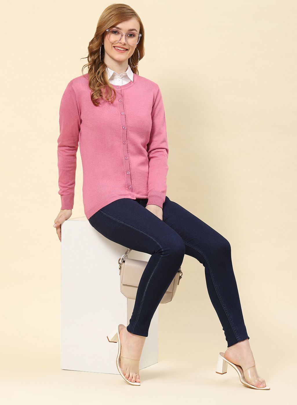 Women Pink Solid Modal Nylone Cardigan