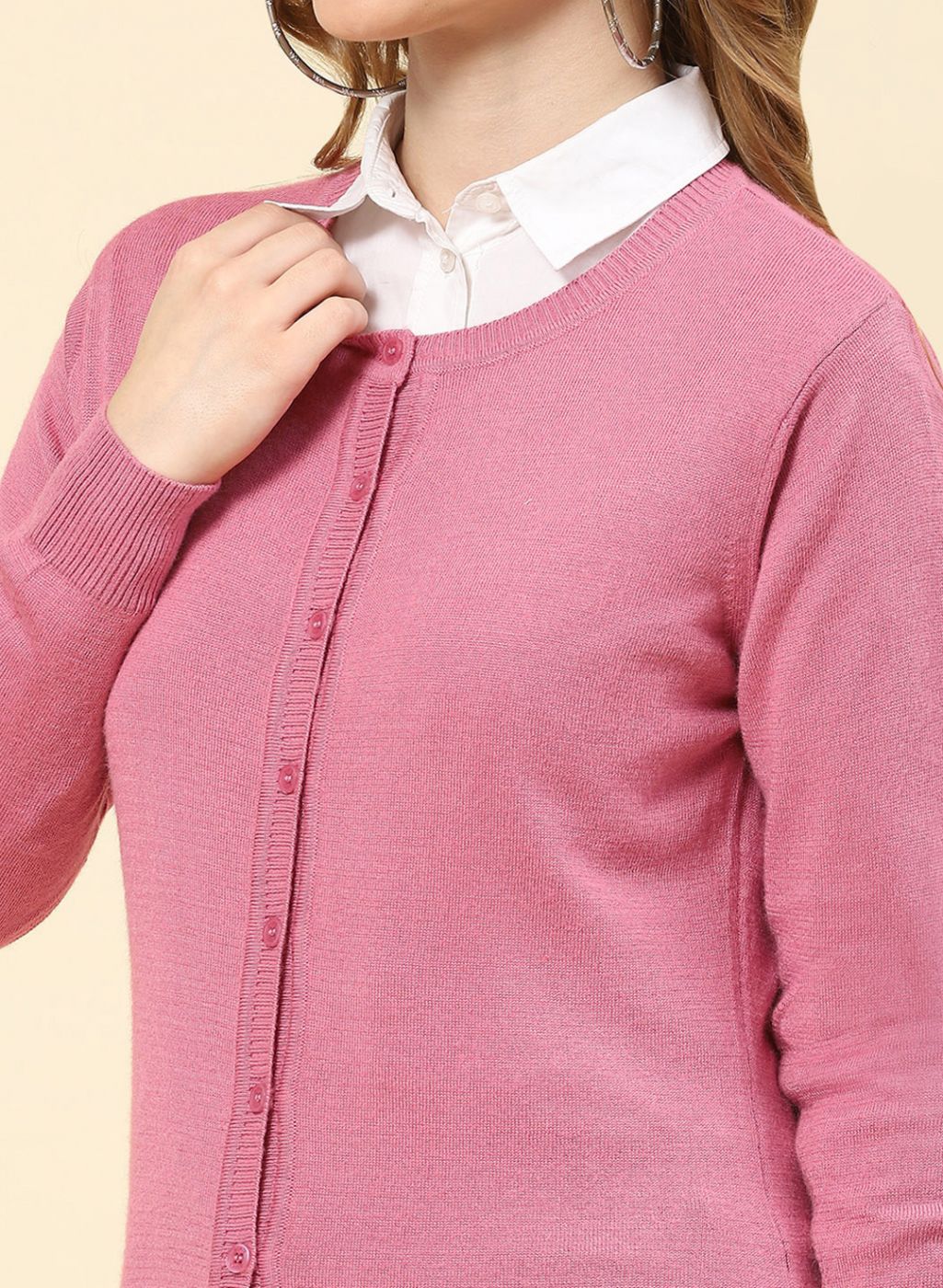 Women Pink Solid Modal Nylone Cardigan