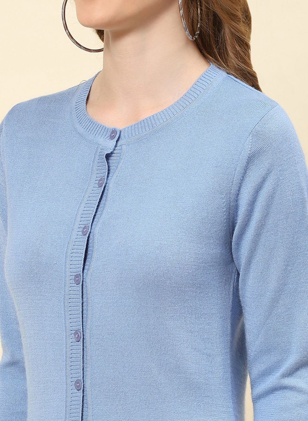 Women Sky Blue Solid Modal Nylone Cardigan