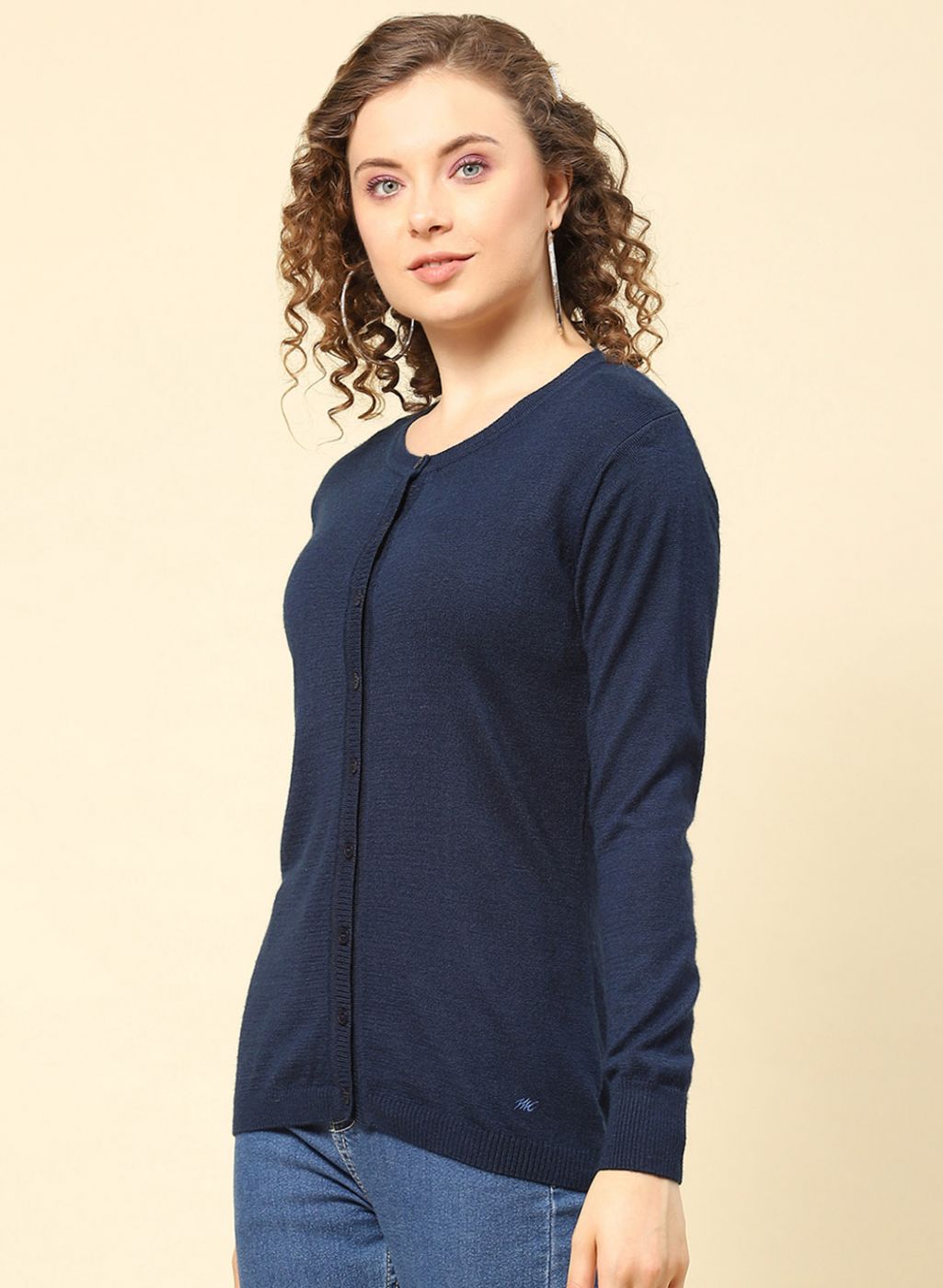 Women Blue Solid Modal Nylone Cardigan