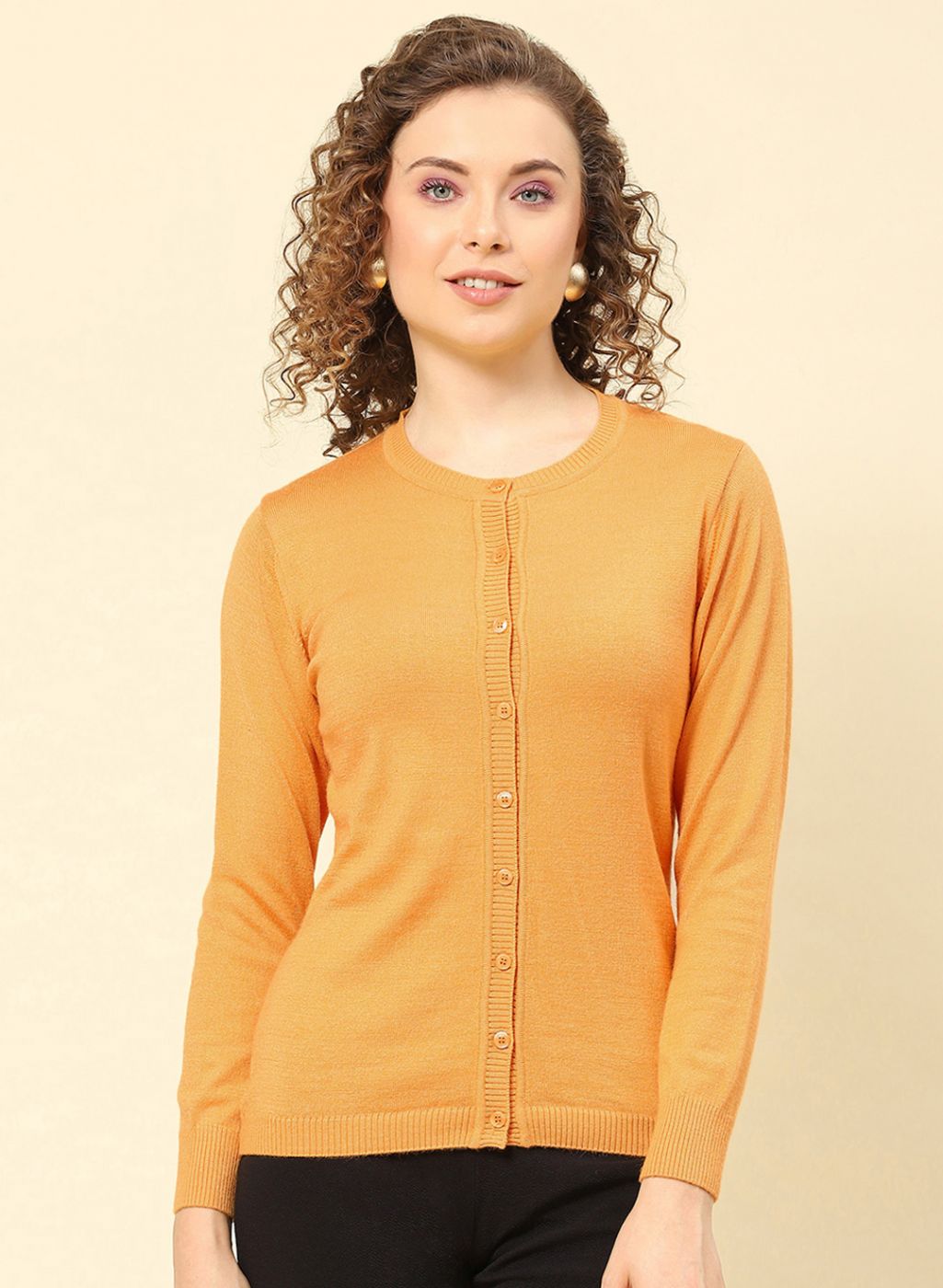 Women Mustard Solid Modal Nylone Cardigan