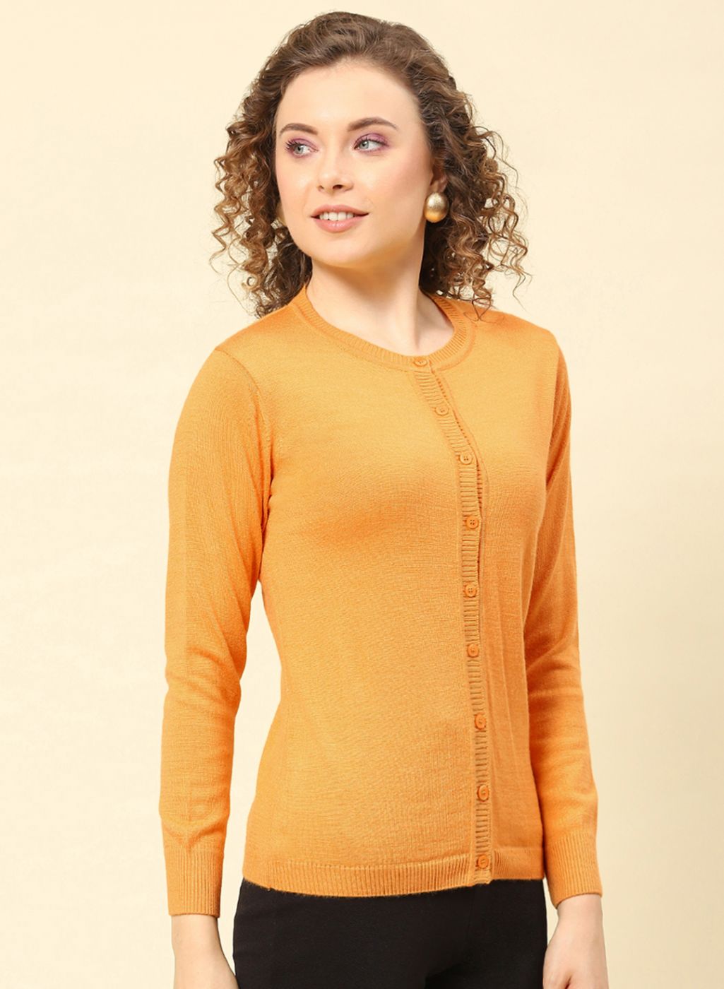 Women Mustard Solid Modal Nylone Cardigan