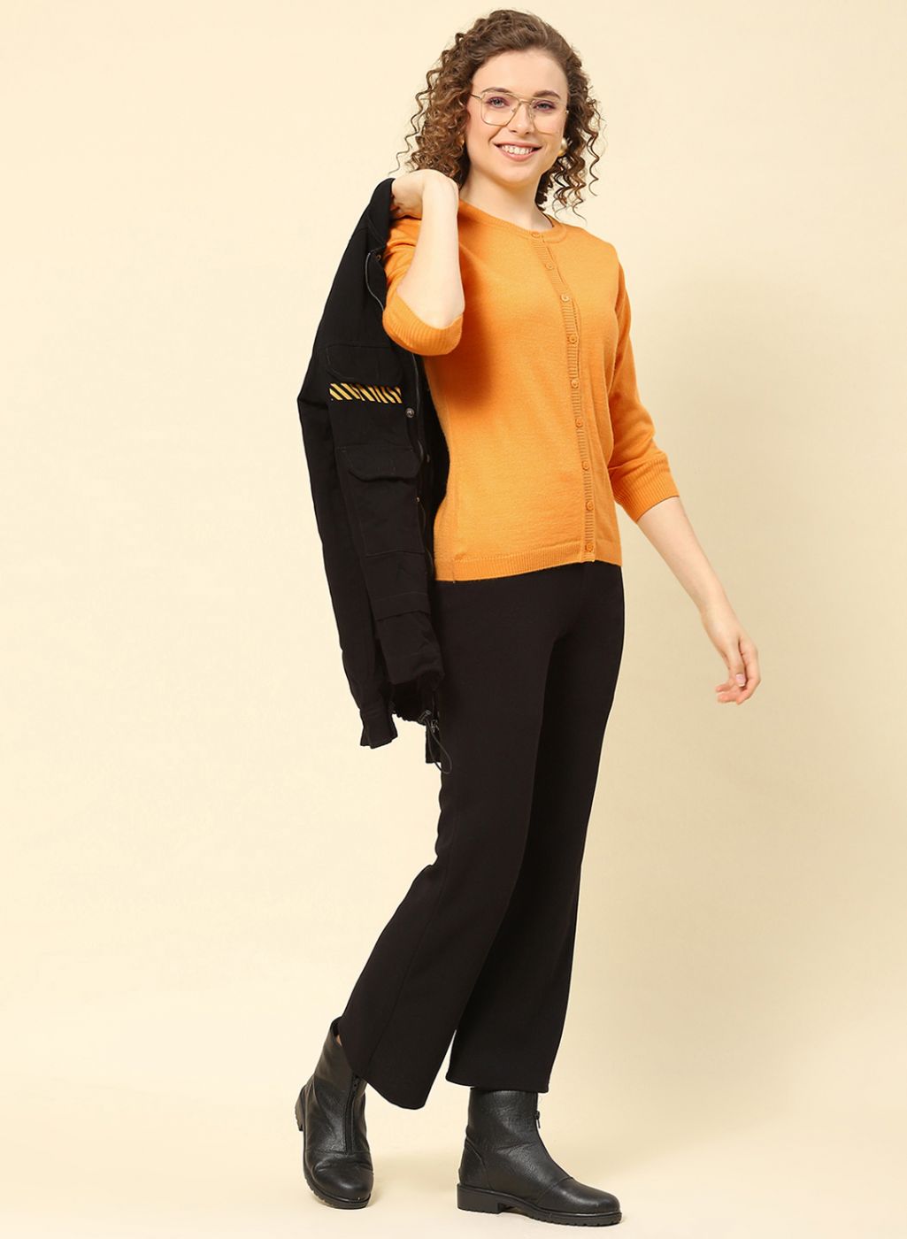 Women Mustard Solid Modal Nylone Cardigan