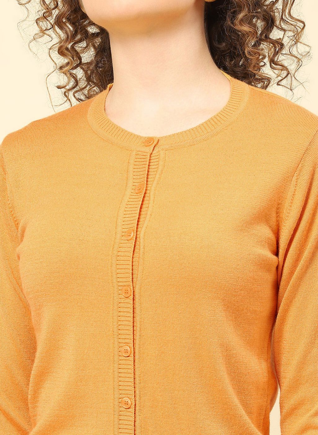 Women Mustard Solid Modal Nylone Cardigan