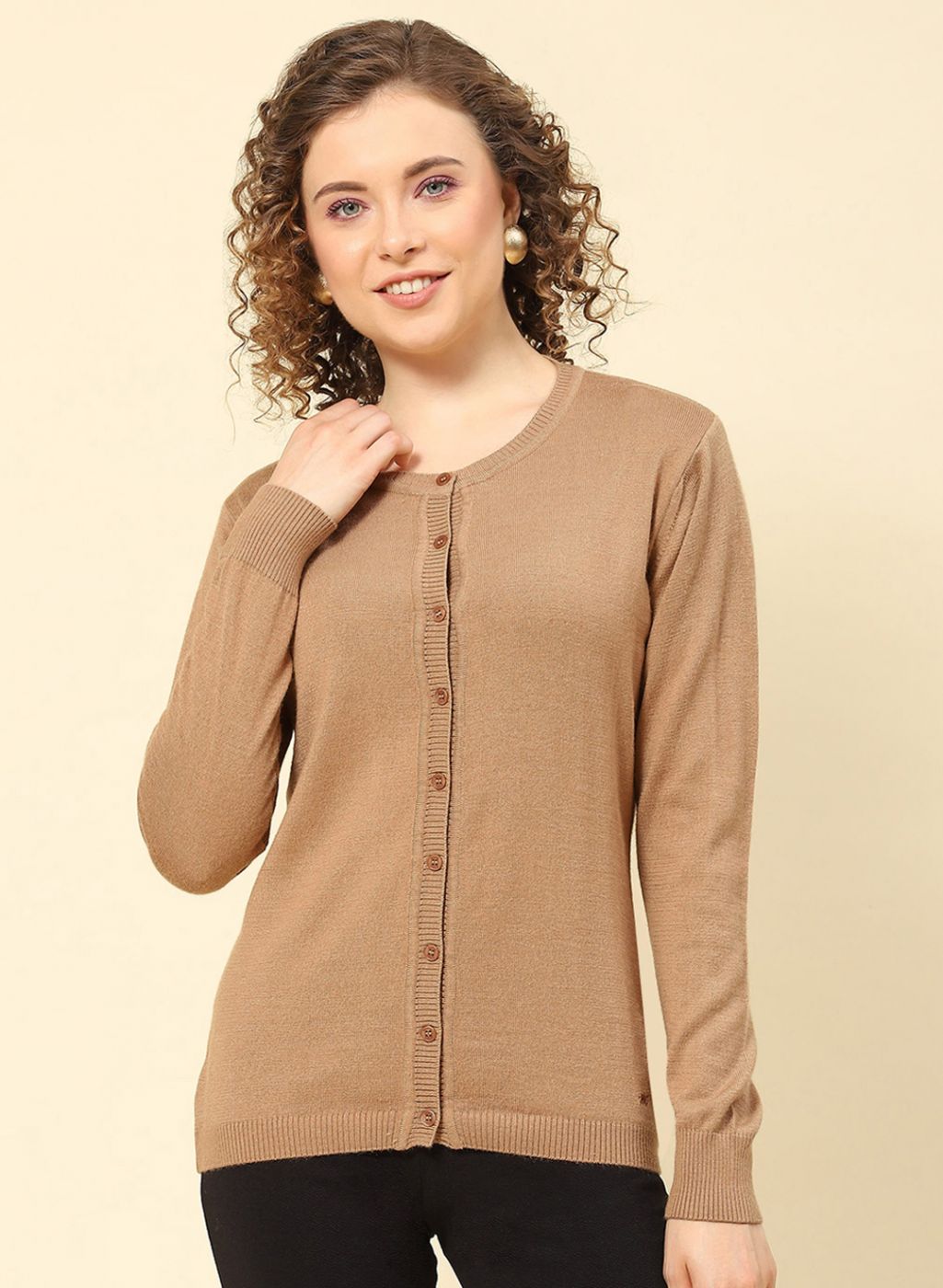 Women Brown Solid Modal Nylone Cardigan