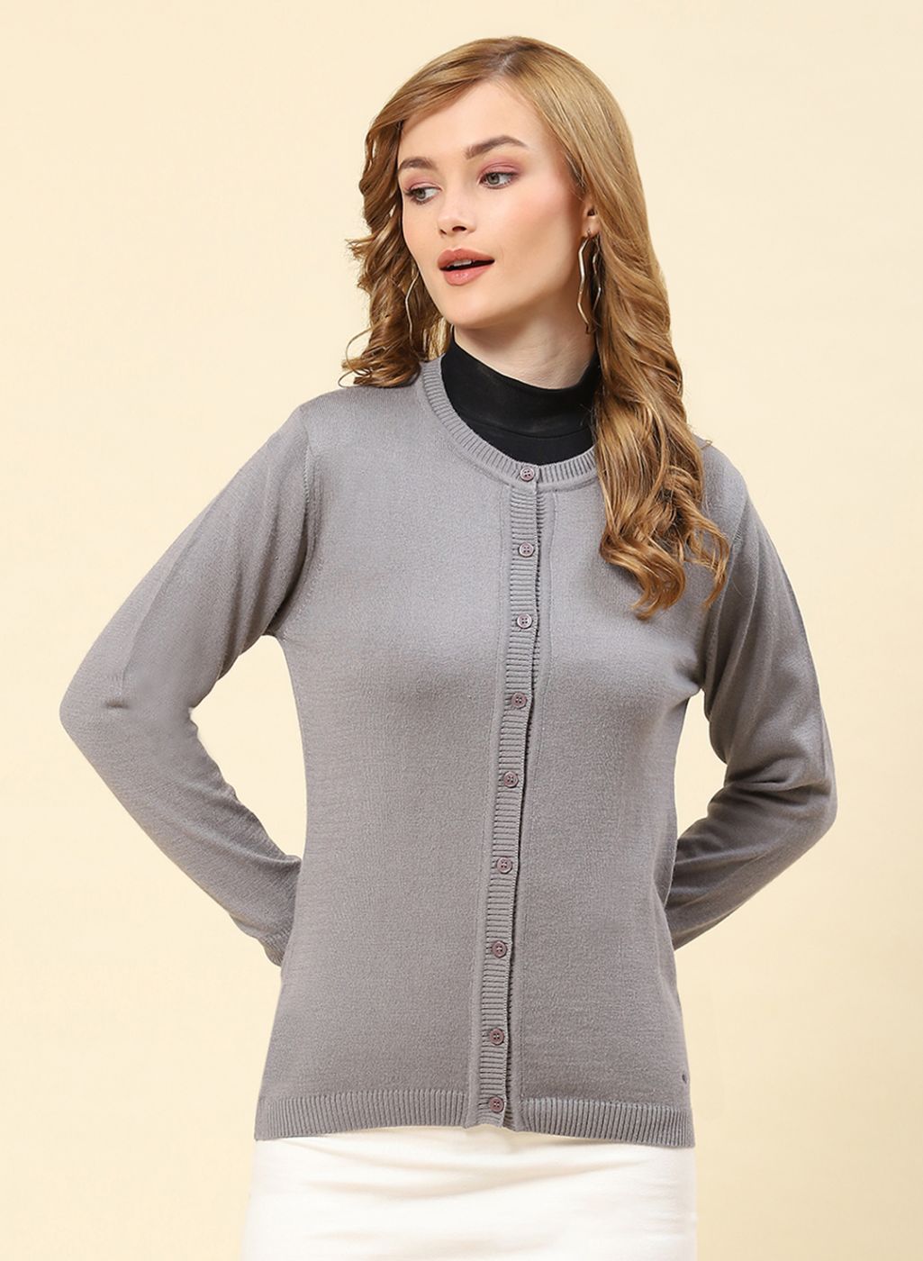 Women Grey Solid Modal Nylone Cardigan