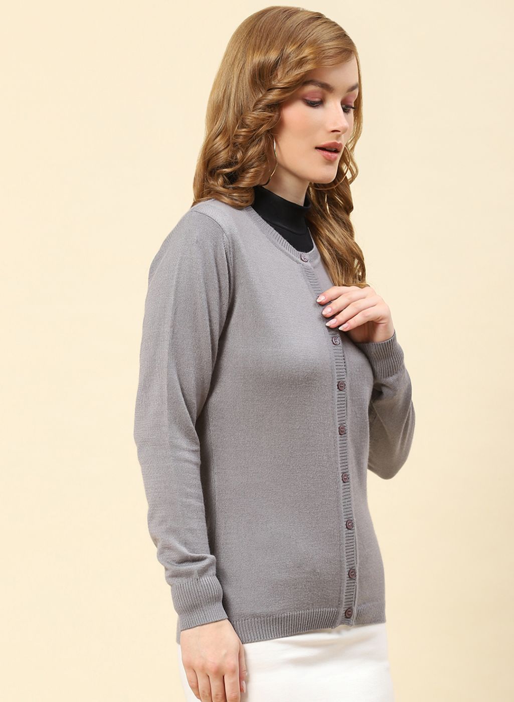 Women Grey Solid Modal Nylone Cardigan