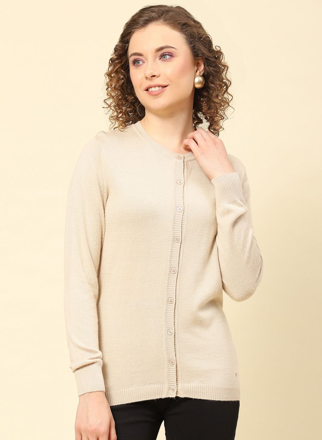 Women Beige Solid Modal Nylone Cardigan