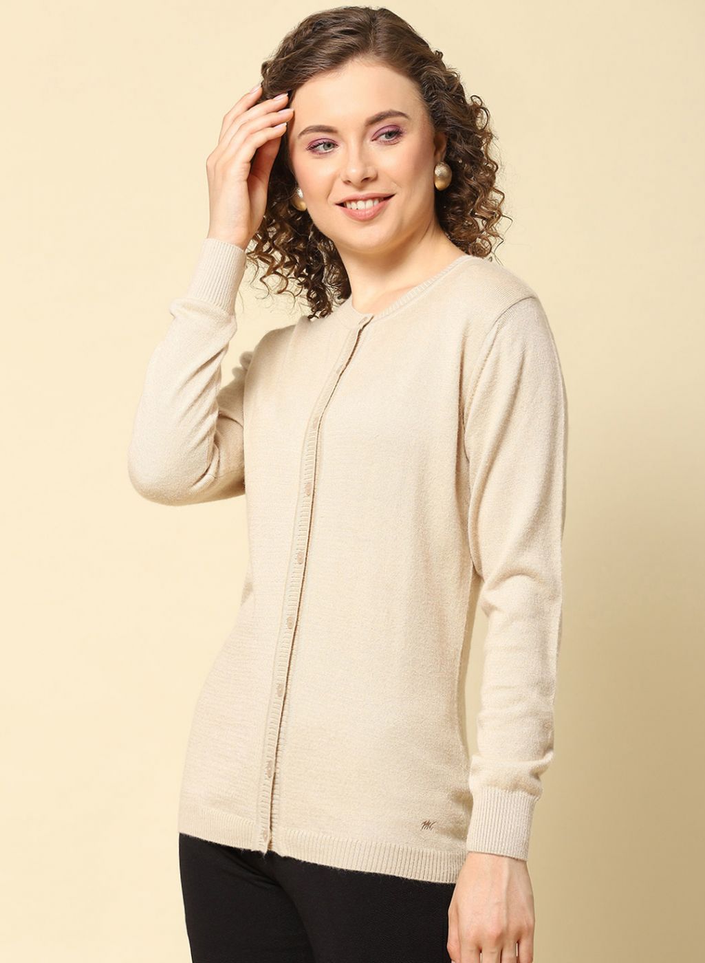 Women Beige Solid Modal Nylone Cardigan