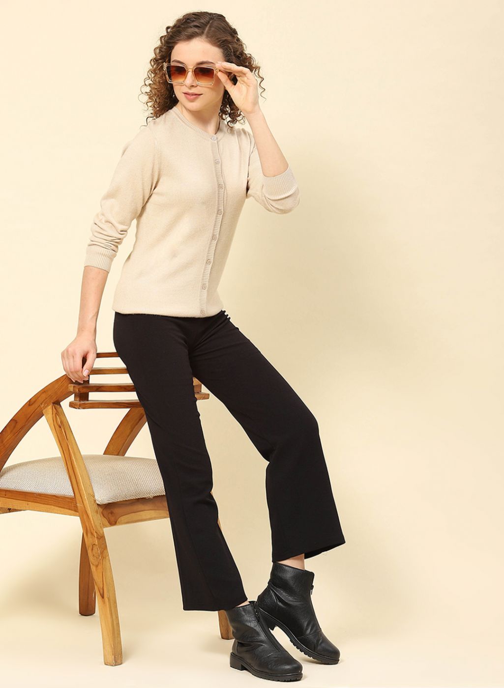 Women Beige Solid Modal Nylone Cardigan