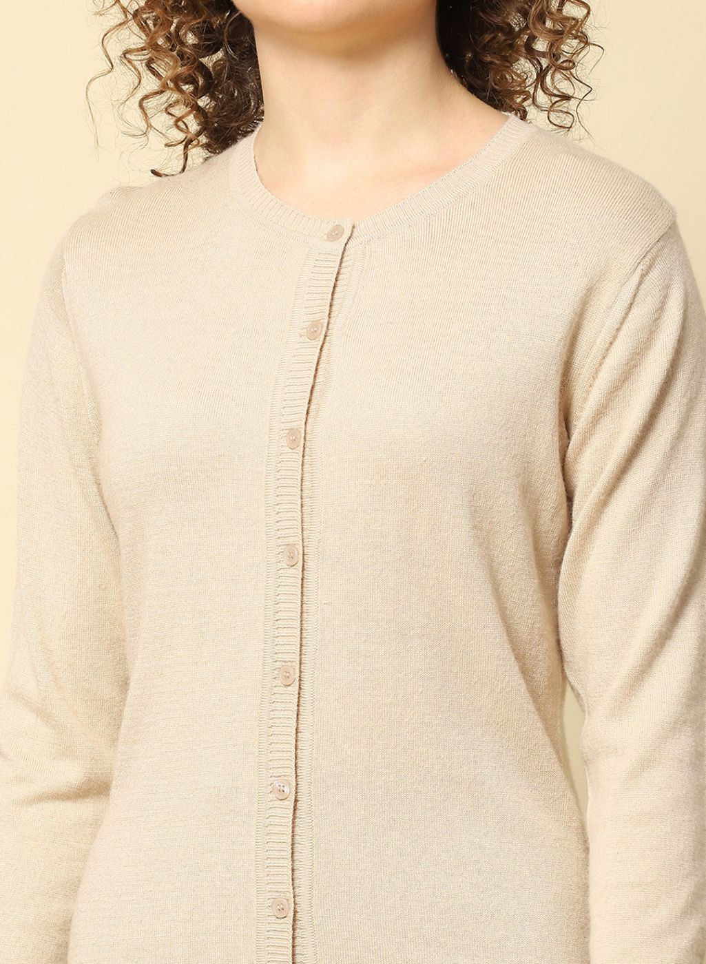 Women Beige Solid Modal Nylone Cardigan