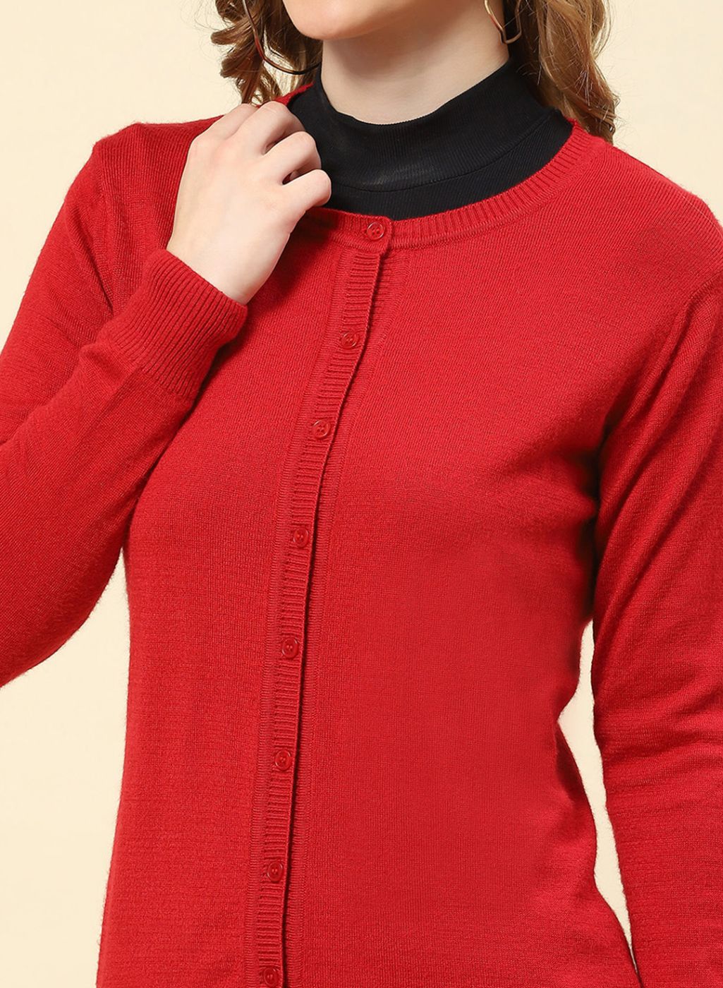 Women Red Solid Modal Nylone Cardigan